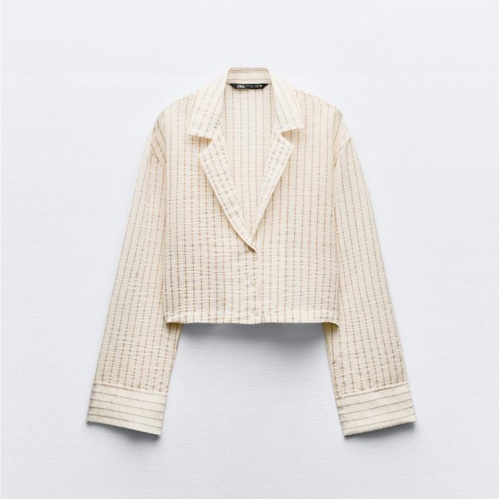 Zara Striped Wrinkle Effect Cropped Blouse